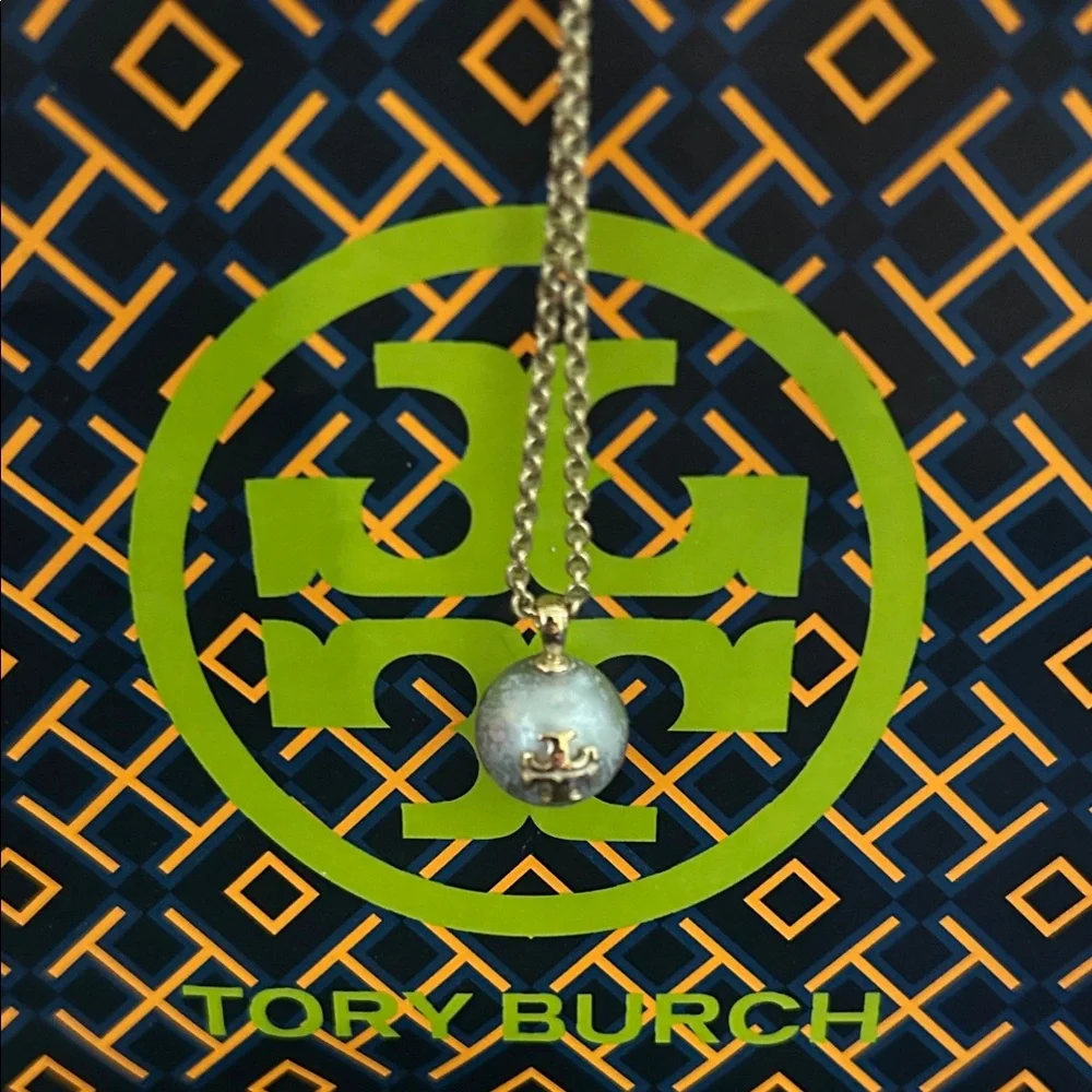 Tory Burch Gold and Silver Pearl Logo Charm Necklace